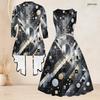 Women Plus Size Abstract Geometric Printed Two Piece Set Three Quarter Sleeve Open Front Cardigan Sleeveless Crew Neck Tie Waist Flared Dress