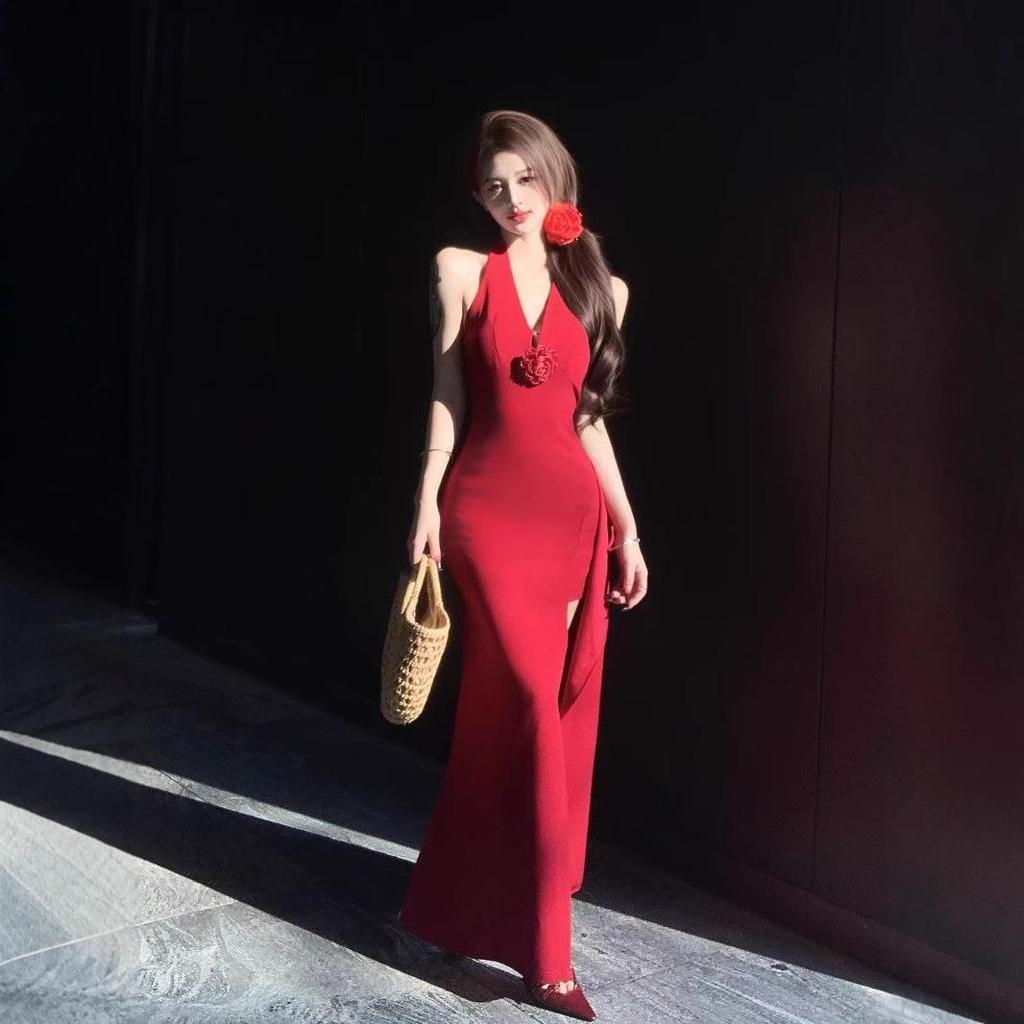 Rochie de seară roșie subțire pentru femei, cu halter floral 3D - Rochie bodycon cu talie marcată și crăpătură