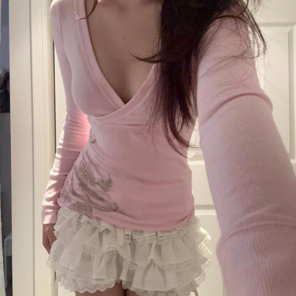 Elegantní podzimní retro květinový top s véčkem, úzkého střihu, s dlouhým rukávem pro ženy