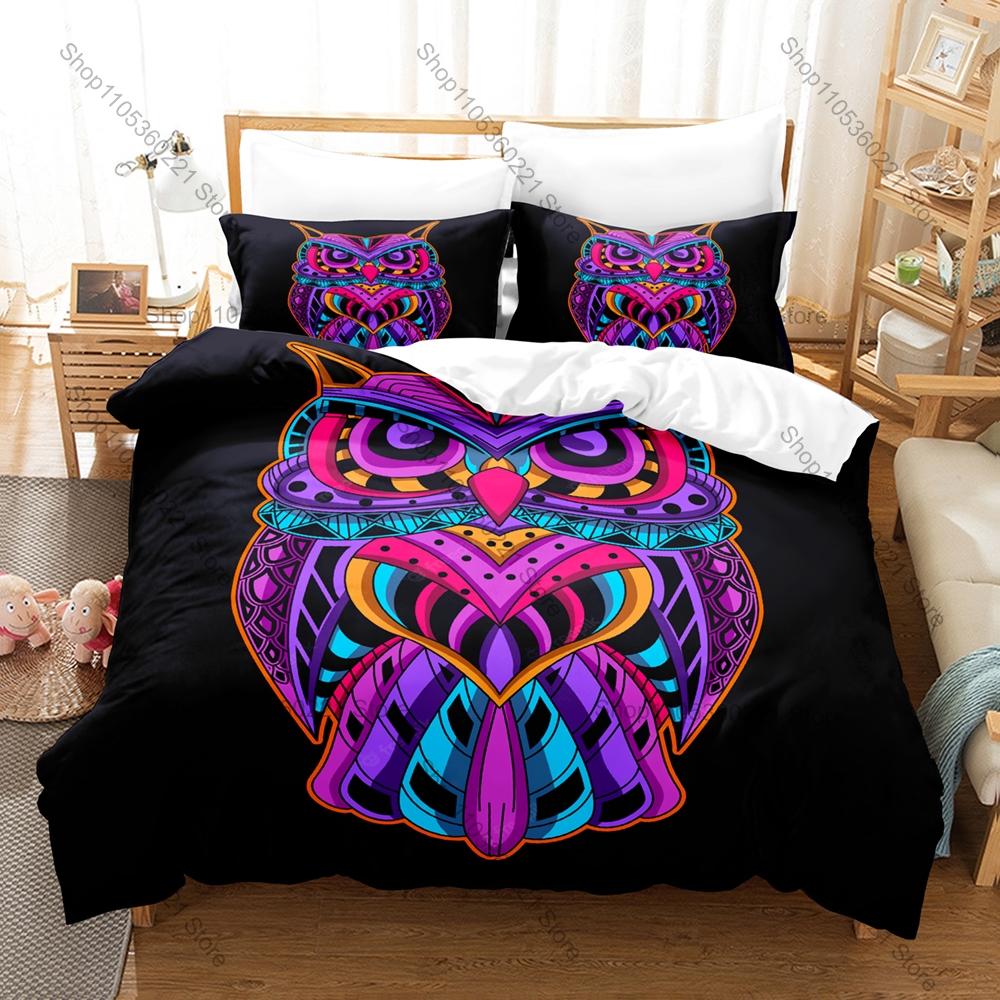 Cool Owl Minimalist Wildlife Nocturnal Bird Vintage Cartoon Animal Art HD Print Bedding Set Duvet Cover + 2 Pillowcases Animal