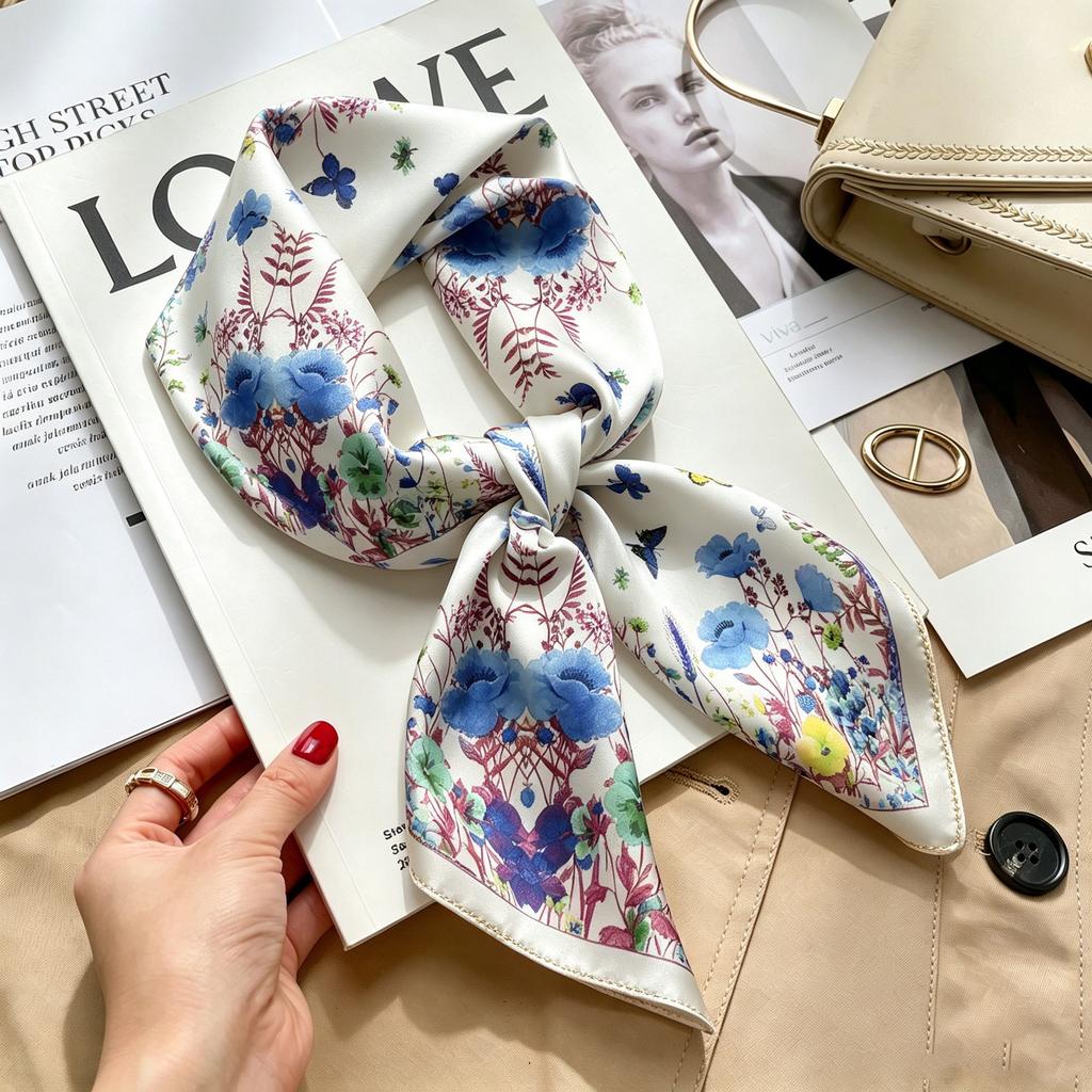 Commuter elegant flower silk scarf women's contrasting color retro printing satin scarf shirt with multi-purpose decorative small scarf