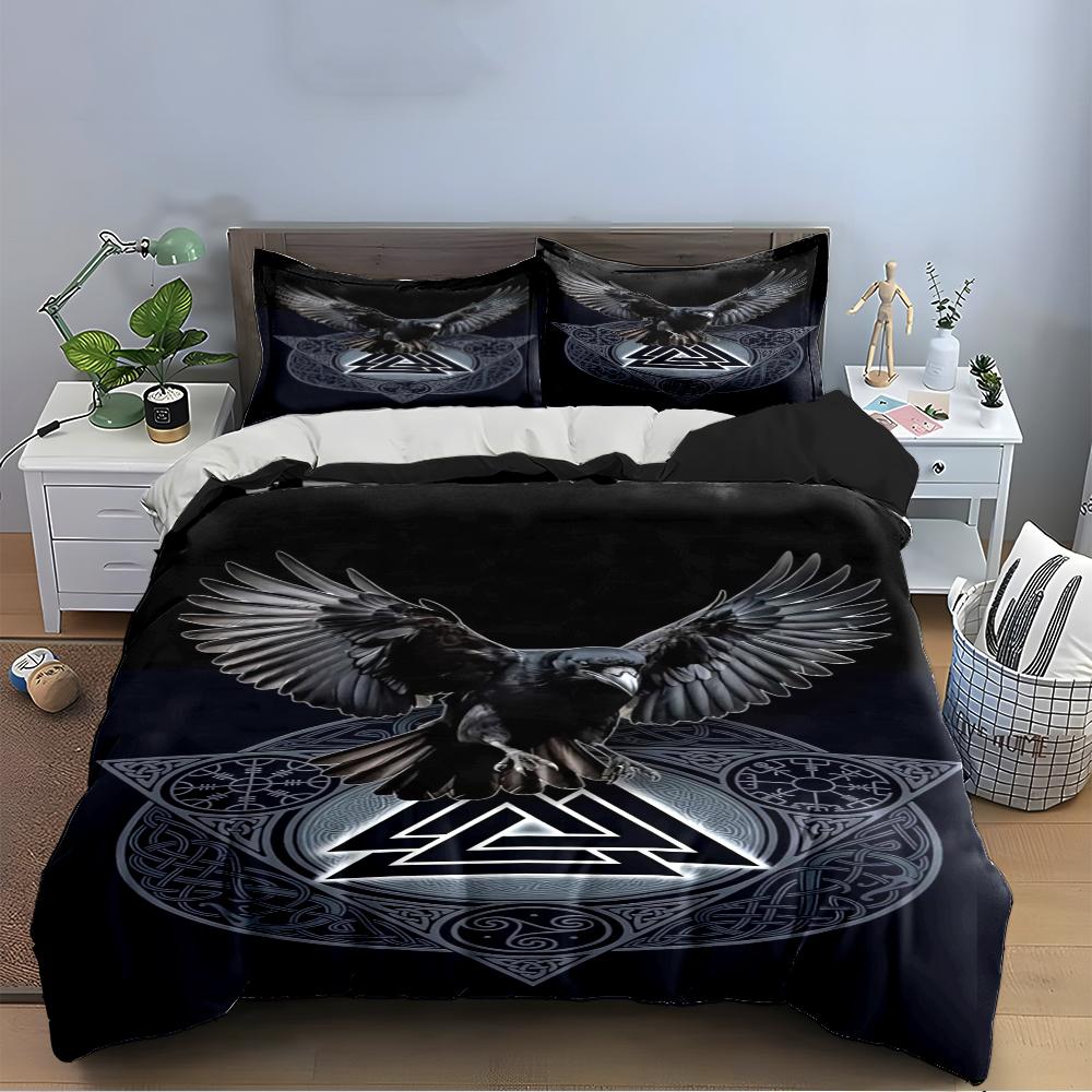Raven with Nordic Symbol Bedding Set Bedding set (1 duvet cover, 2 pillowcases, duvet not included)