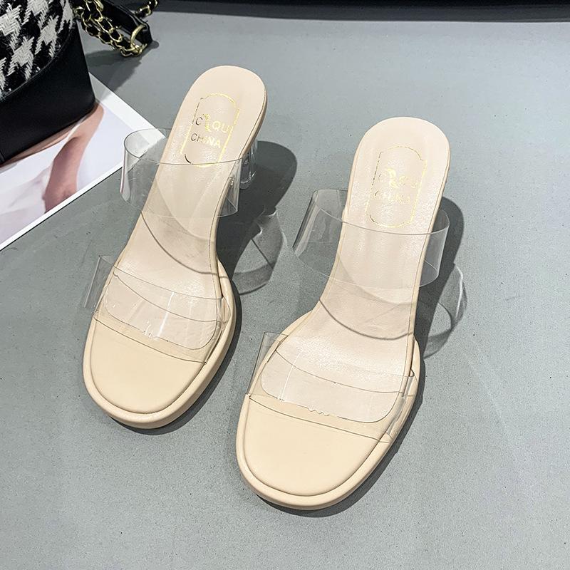 2025 new crystal sense word belt women's summer small wear high heels transparent slippers public design thick heel sandals
