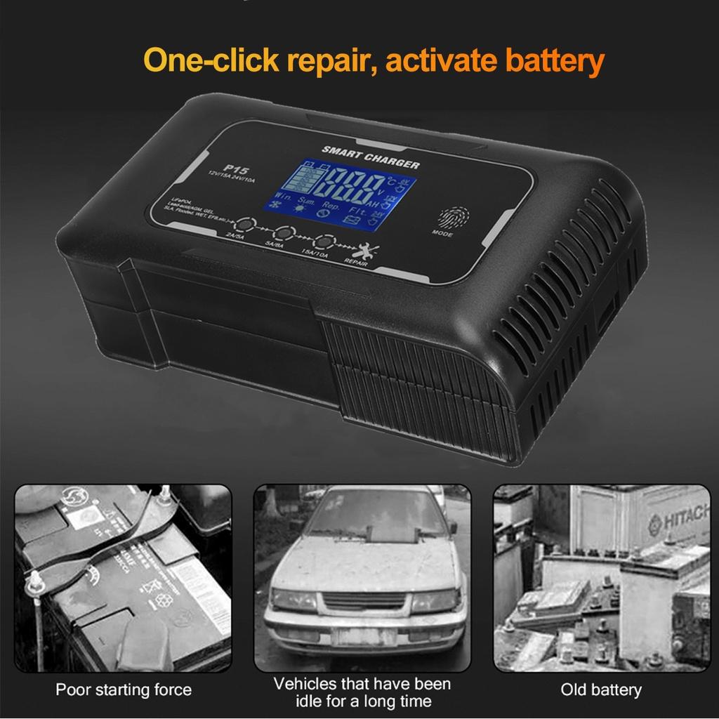 Black Car Battery Charger Pulse Repair Automatic Charging 12V 15A / 24V 10A For Car Motorcycle Lead Acid Battery AGM Gel Wet EFB
