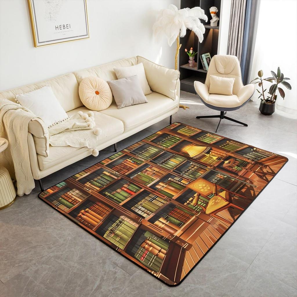 Bookshelf Area Rug for Teen Study Room Decor Library Book Print Carpet Vintage Bookshelf Living Room Doormat Bookcase Floor Mat