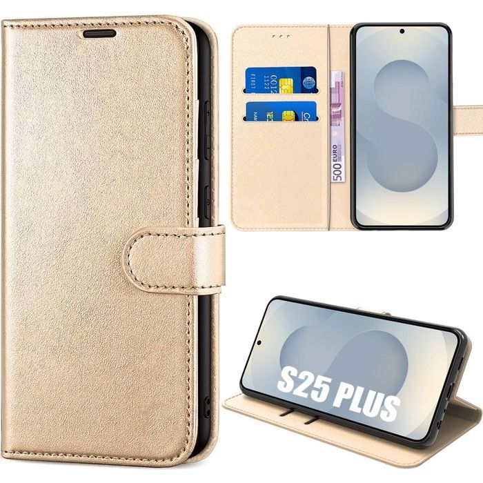Coque de protection - BOOLING - pour Samsung Galaxy S25 Plus - Cuir Synthétique Doré - Antichoc - Support intégré