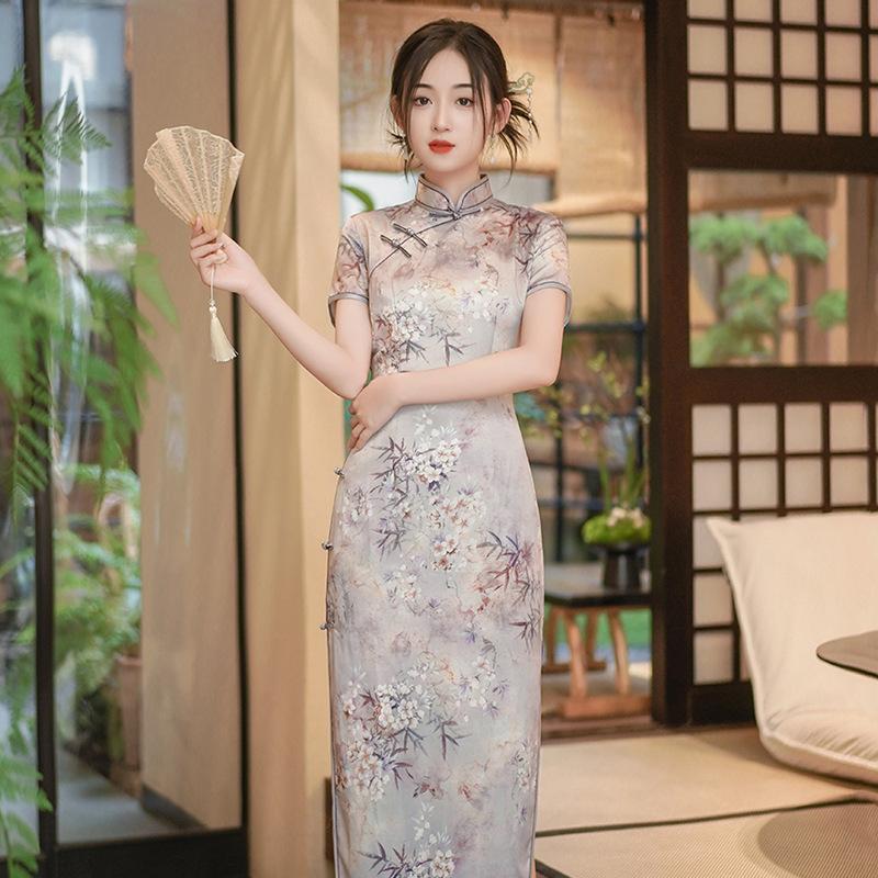 1011 national style summer and autumn new cheongsam dress satin dress retro slim banquet double-layer performance clothes
