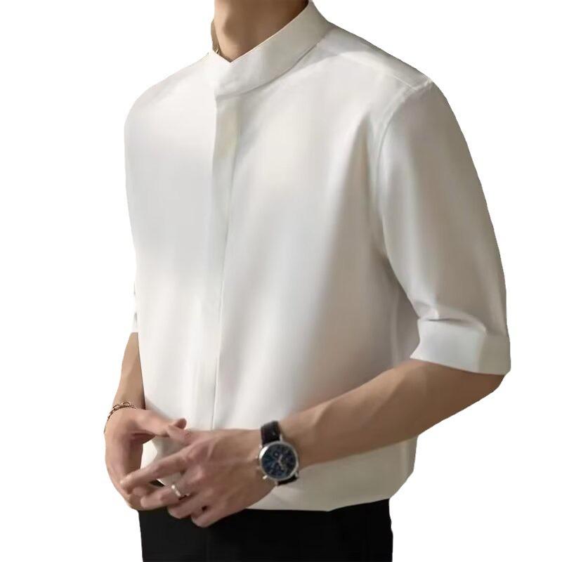 2024 Men's Ink Green Stand Collar Loose Fit Mid-Sleeve Shirt