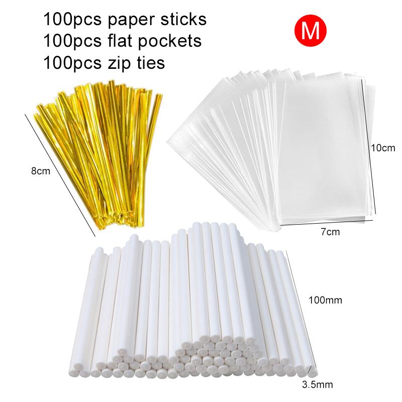 100pcs/set Lollipop Packaging Bag Set Paper Stick Flat Pocket Zip Ties DIY Household Kitchen Supplies Festival Gift Candy TMZ