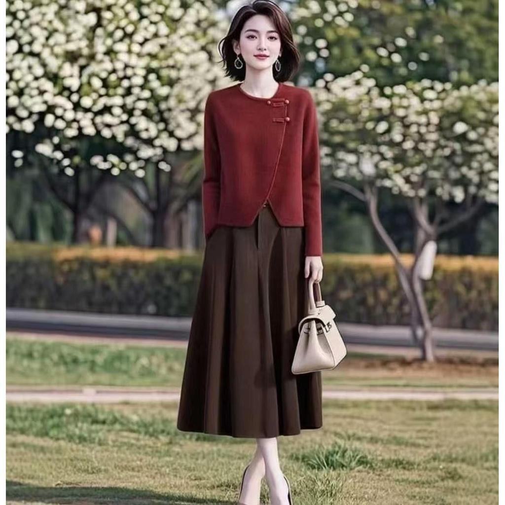 Women's New 2026 Irregular Knit Sweater & Chinese Style Frog Button Skirt Set - Spring & Autumn Collection