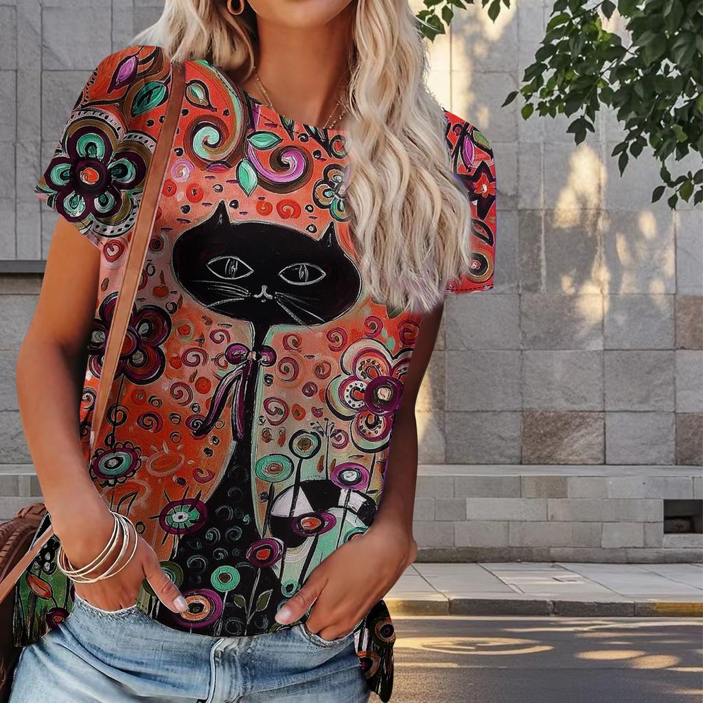 Women Summer T Shirt Kitty Print Retro Fashion Short Sleeve Tees Casual   Printed  Tops