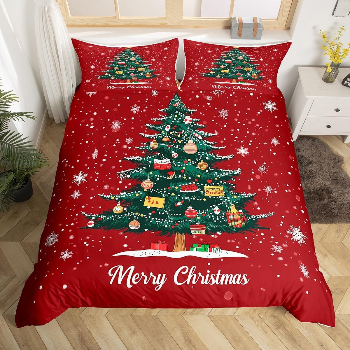 

Christmas Tree Duvet Cover Set Christmas Theme Bedding Set Cartoon Deer Snowman Comforter Cover King Queen For Girls Teens Room EU Single(135x200cm)