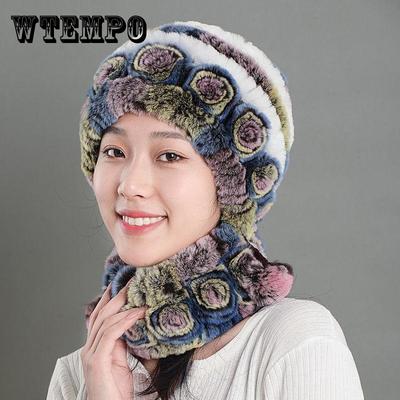 Chapéu de pele de coelho rex feminino moda flor proteção de orelha mãe chapéu de pele feminino cachecol engrossado calor