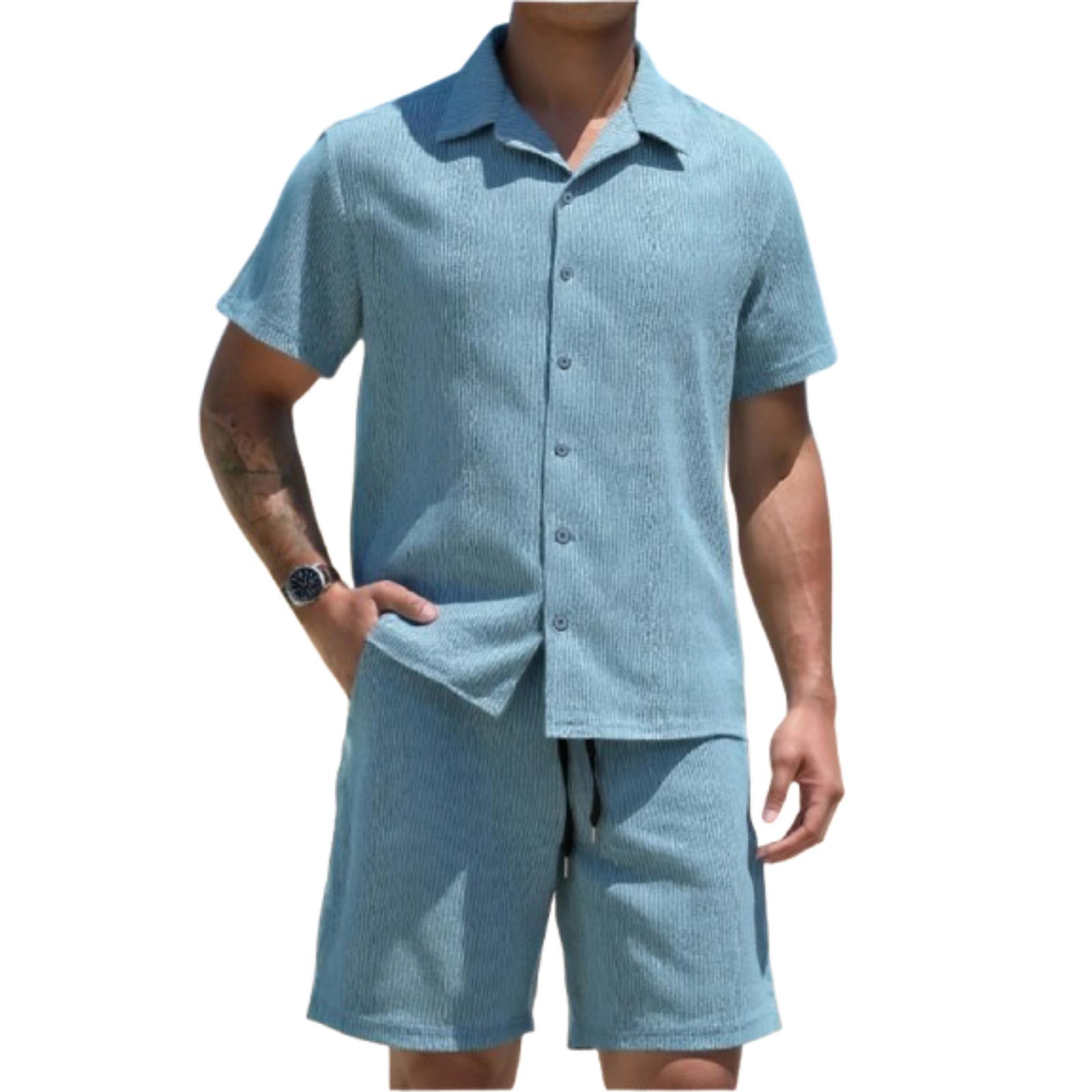 

Men s Color Lapel Short,sleeved Shirt Shorts Beach Casual Vacation Two,piece Set L