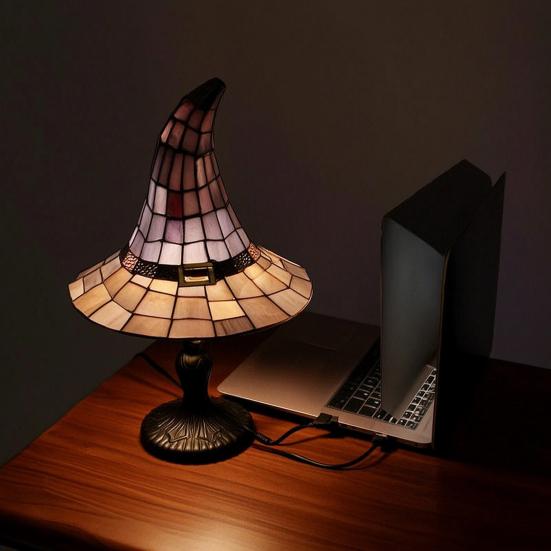 Stained Glass Witch Hat Lamp, USB Powered Resin Night Light, Gothic Halloween Table Lamp for Bedroom Bookshelf Mantel Party Decor