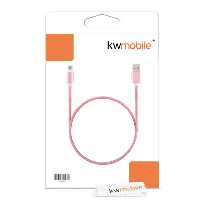 Câble Micro USB - KWMOBILE - Tressé - Nylon Rose - 1m - Chargeur Universel