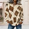 Women Plus Size Round Neck Long Sleeve Plaid Printed Beige Brown Curved Hem Top