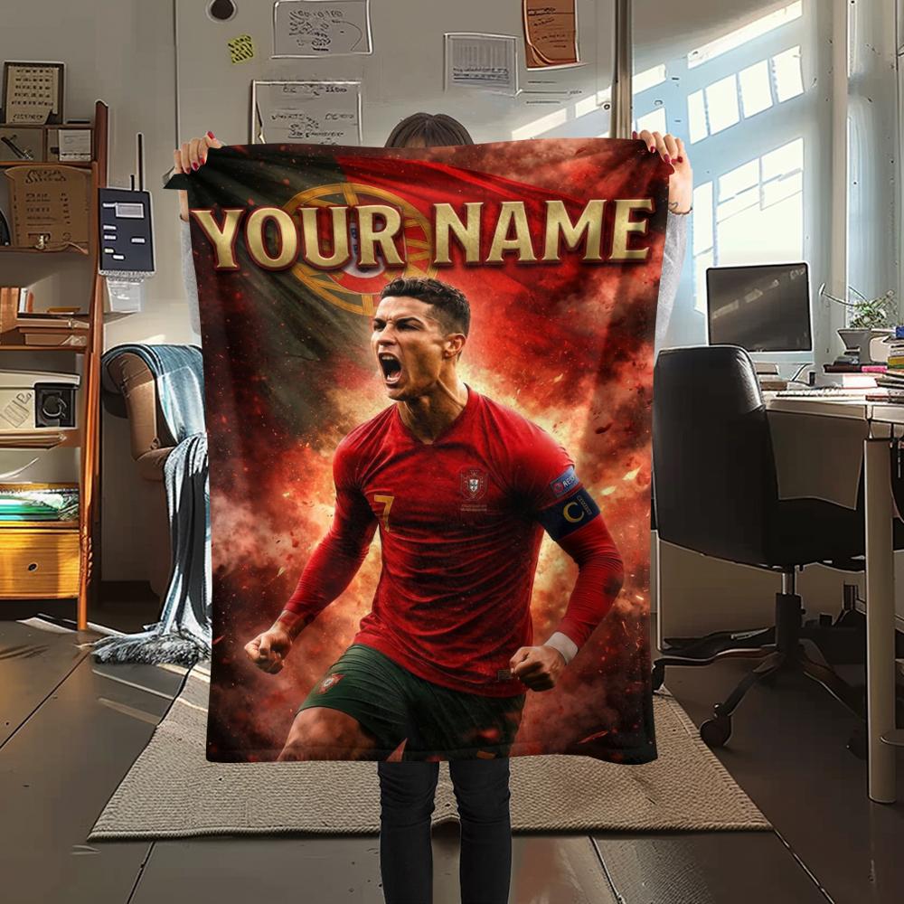 1PC Custom Name Cristiano Ronaldo Patterned Flannel Blanket Suitable For All Seasons for Home Decor Warmth and Comfort Gifts Holiday Present