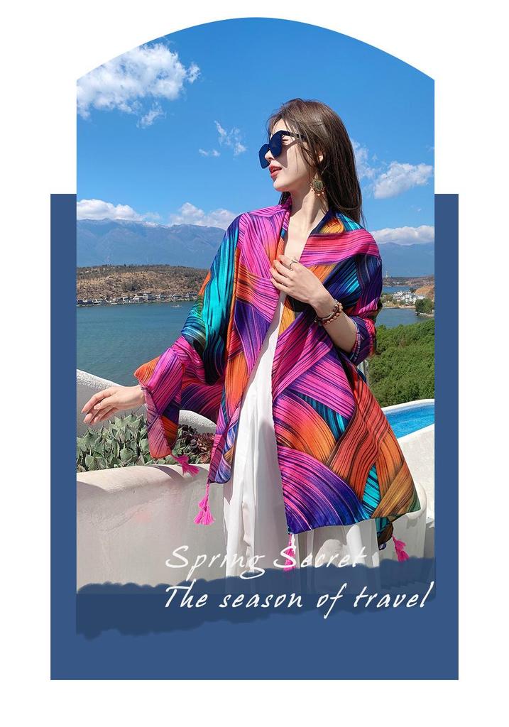 Women's Ethnic Style Silk Scarf: Extra Large, Versatile Sun Protection Shawl for Summer
