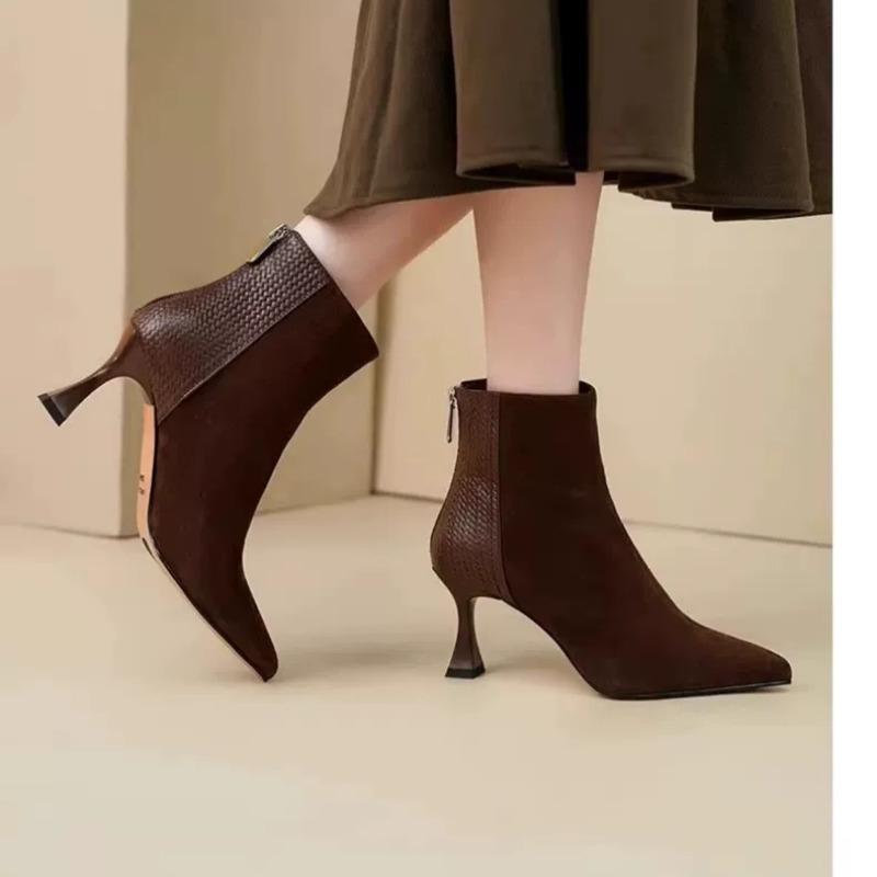 Fashion 2024 Spring and Autumn New Pointed Matte Leather Splicing Women's Rear Zipper Comfortable Bare Boots Single Boots for Women