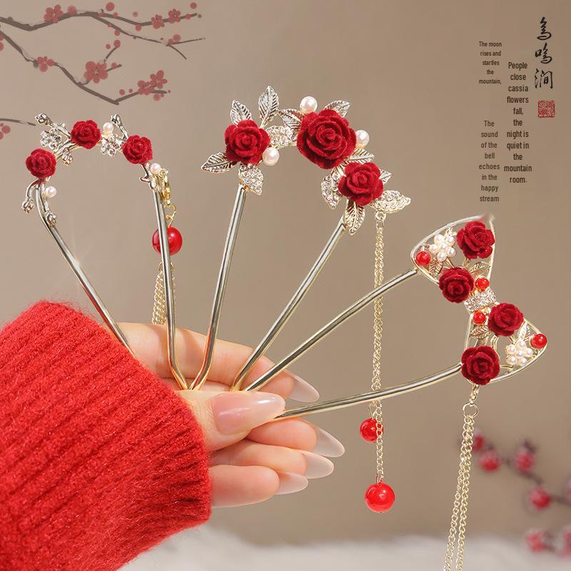 Elegant Red Rose Tassel Hairpin - U-shaped Hair Accessory for Women, Perfect for Updos and Traditional Attire.