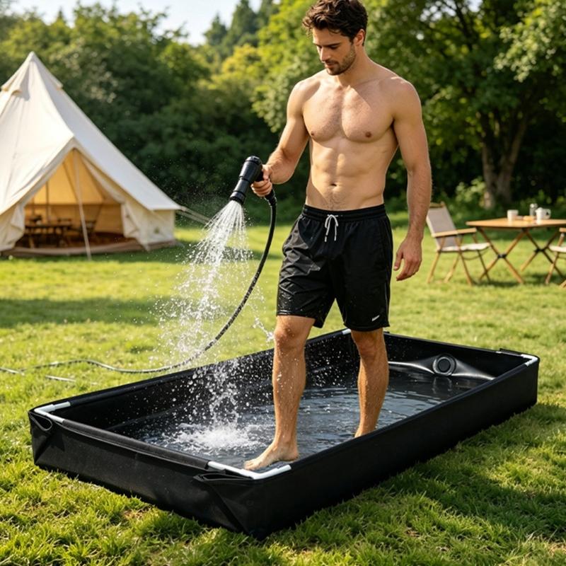 Camping Foot Rinse Tray Portable Outdoor Shower Pan with Raised Wall PVC Water Collection Design for Travel Cleaning and Pet Wash Tasks