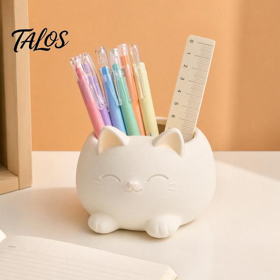 Milky White Cat Decor 3D Printed Ornament, Flower And Makeup Brush Holder, Design, Cute Planter Stable Base Decorative Plant Pot, for Office Desk Home