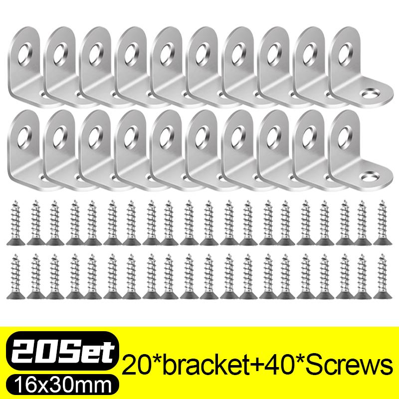 20/1Sets L-förmige Eckhalterungen aus Edelstahl, L-förmige rechtwinklige Verbindungsstücke, Regalverschluss für Möbelschrank-Stützrahmen