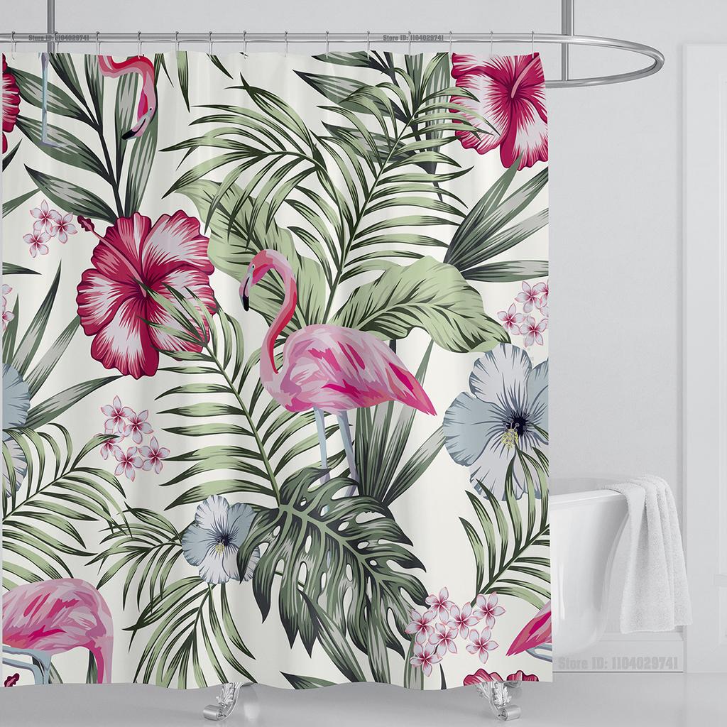 Bohemian Shower Curtain Tropical Jungle Wildlife Bathroom Set Modern Pink Aesthetic Parrot Floral Bathroom Curtain With Hooks