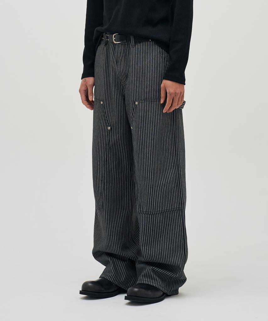 BASEMOMENT Double Knee Carpenter Stripe Denim Pants Black