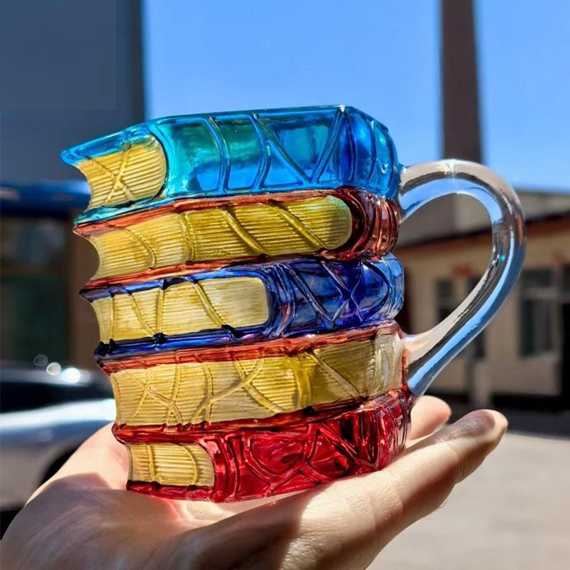 Colorful Stacked Books Shaped Glass Mug, Hand-Painted Stained Glass Style Coffee Cup