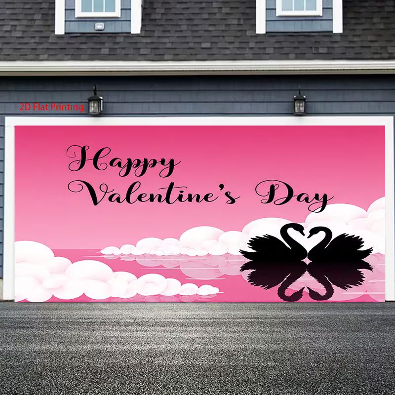 Romantic Swan Valentine Tapestry, Pink Sunset Sky with Heart-Shaped Swan Silhouettes, Sweet Romantic Wall Art