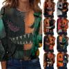Women's Casual Long Sleeve Pullover Top Halloween Print Crew Neck Patchwork Style Lightweight Sweatshirt for Fall Season