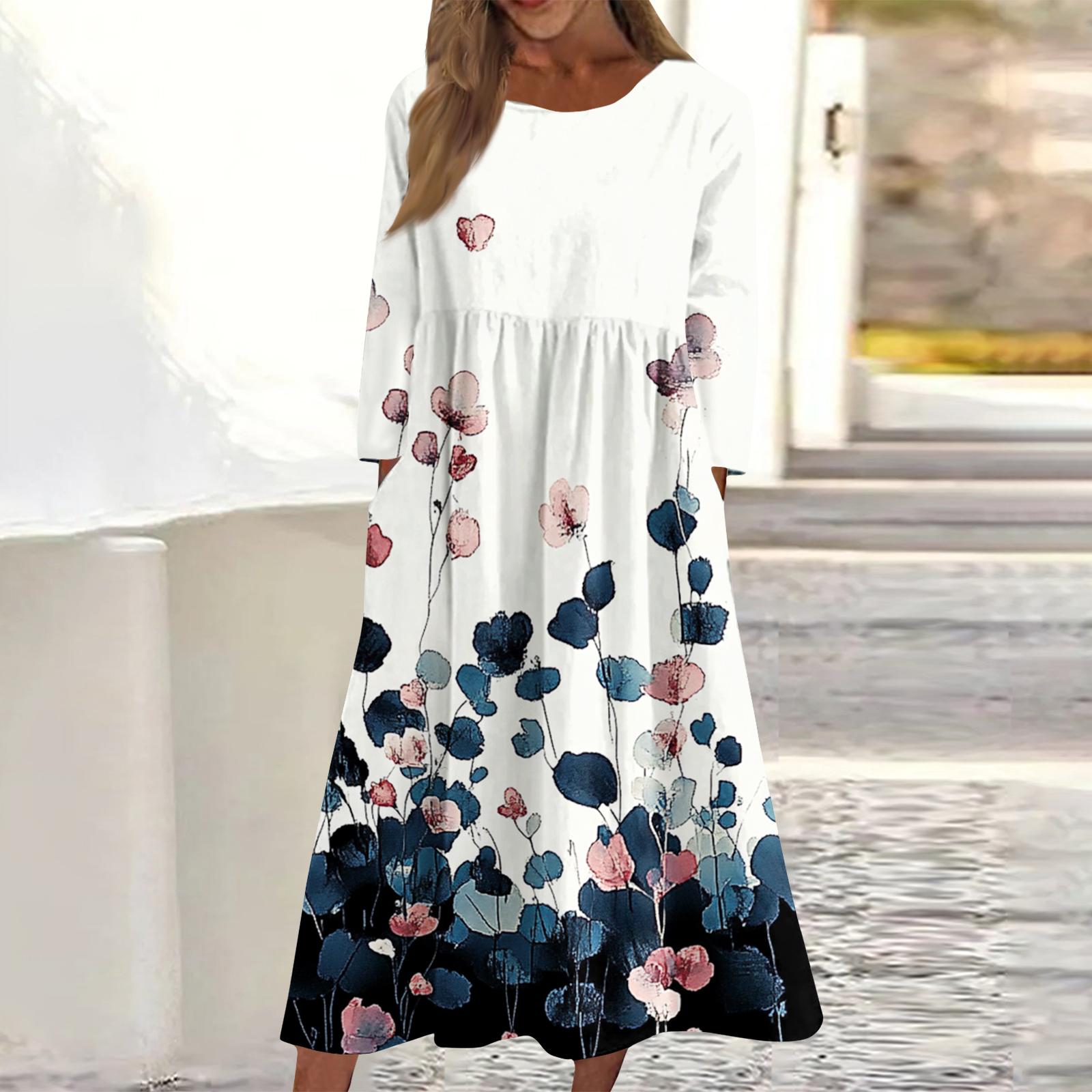 

Women s Casual Round Neck Floral Print Midi Dress Long Sleeve Pocket Dress XXL тёмно-синий