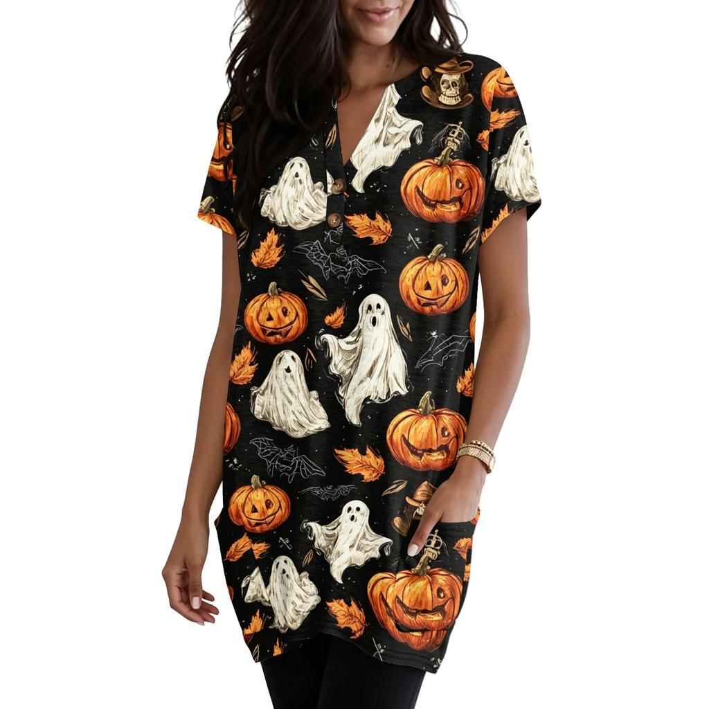 Women V Neck Pullover Top with Halloween Themed Print Short Sleeve Tunic Shirt Casual Loose Fit with Pocket Design
