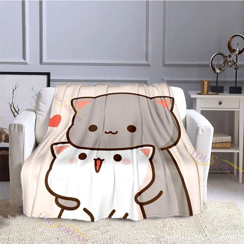 Cartoon Cute Peach Cat Pattern Blanket Flannel Valentine's Day Gift Microfiber Plush Flannel Throw Blanket On Bed Sofa Bedding