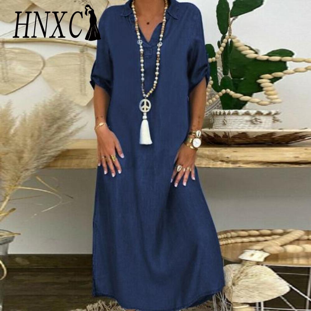 

HNXC Летнее джинсовое платье для женщин Повседневные весенние голубые платья макси V-образный вырез рукав до локтя Большой размер Длинные платья с разрезом M темно-синий