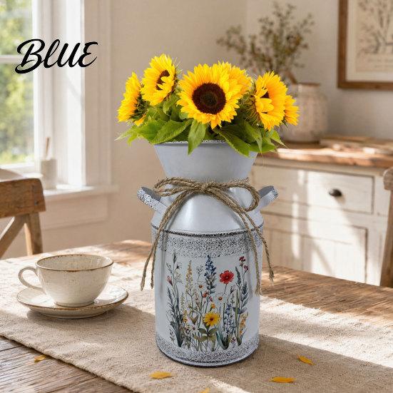 Indoor Decorative Flower Pot Vintage Iron Bucket Rustic White Double-Handle Metal Vase with Floral Print & Jute Handmade Hemp Rope Bow Farmhouse
