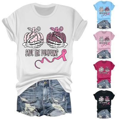 Damski casualowy T-shirt z nadrukiem piersi na Halloween, okrągły dekolt, wkładany przez głowę, z krótkim rękawem