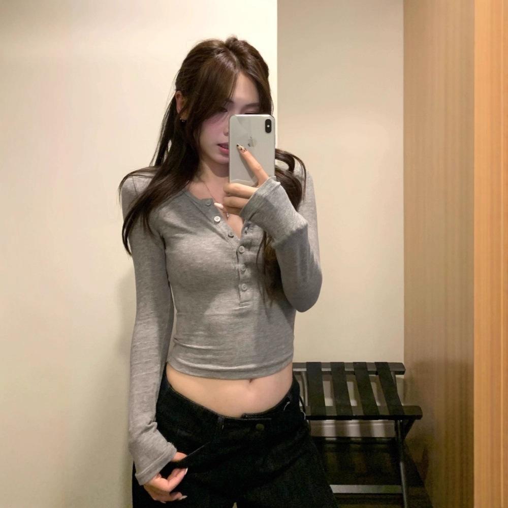 [Keren Cotton Modal] Solid Color Simple Button Slim and Thin Round Neck Design Versatile Top Tide