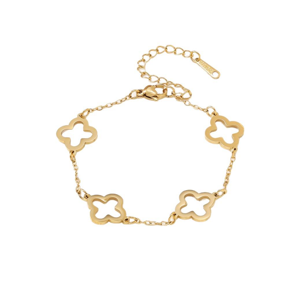 Stainless Steel Gold Four-Leaf Clover Bracelet Set: Includes Nail, Rhinestone, and Hollow Designs