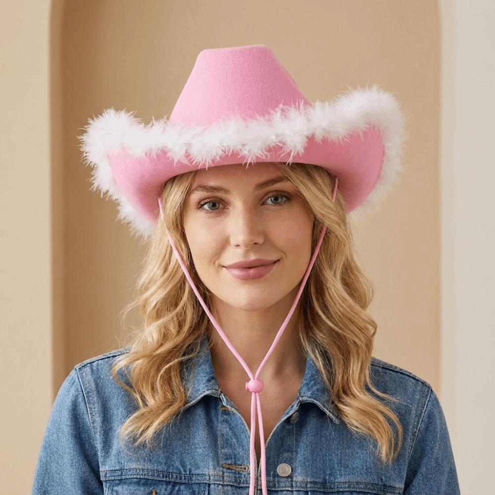 Furry Trim Jazz Hat Wide Brim Cowgirl Hat Fashion Western Cowboy Hat Stage Performance