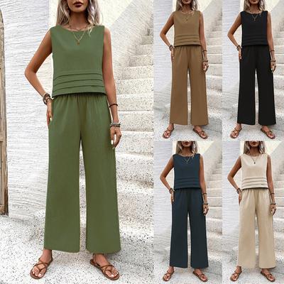 Damenmode, lässig, einfarbig, ärmellos, kurzes Oberteil, elastische Taille, Hose, zweiteiliges Set