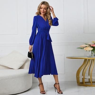 Robe trapèze plissée à manches longues et col en v pour femme, tenue mi-longue, automne et hiver