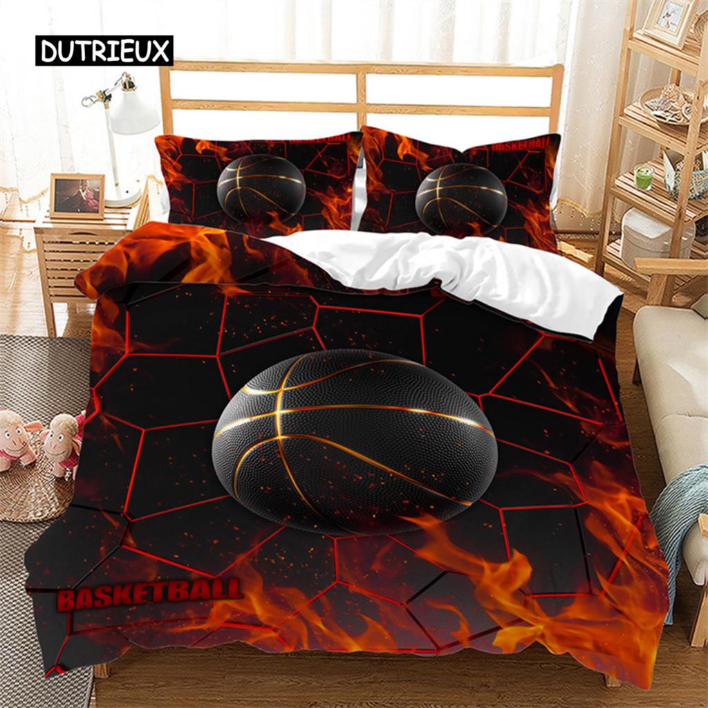 Boys Basketball Duvet Cover 3D Ball Pattern Sports Theme Bedding Set Queen Microfiber Football Competitive Game Comforter Cover