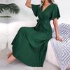 Elegant Solid Color Women's V-Neck Short Sleeve Pleated Spring Summer Fashion Maxi Dress Long Dress S-XL