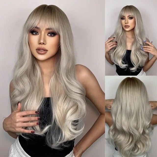 Wine Red Long Wavy Synthetic Wig High Temperature Natural Wig with Bangs Colorful Party Cosplay Hair for Black Women