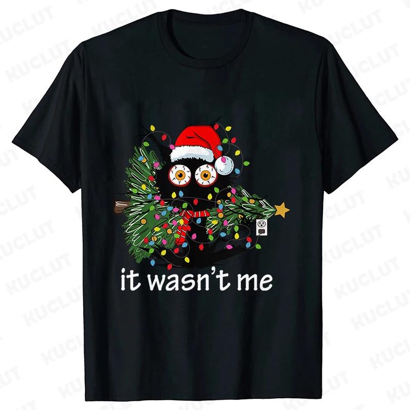 It Wasn's Me Christmas Cat Women's Clothing Christmas Tree Casual Fashion Aesthetics Short Sleeve T-shirt Cartoon Women's T-shirt
