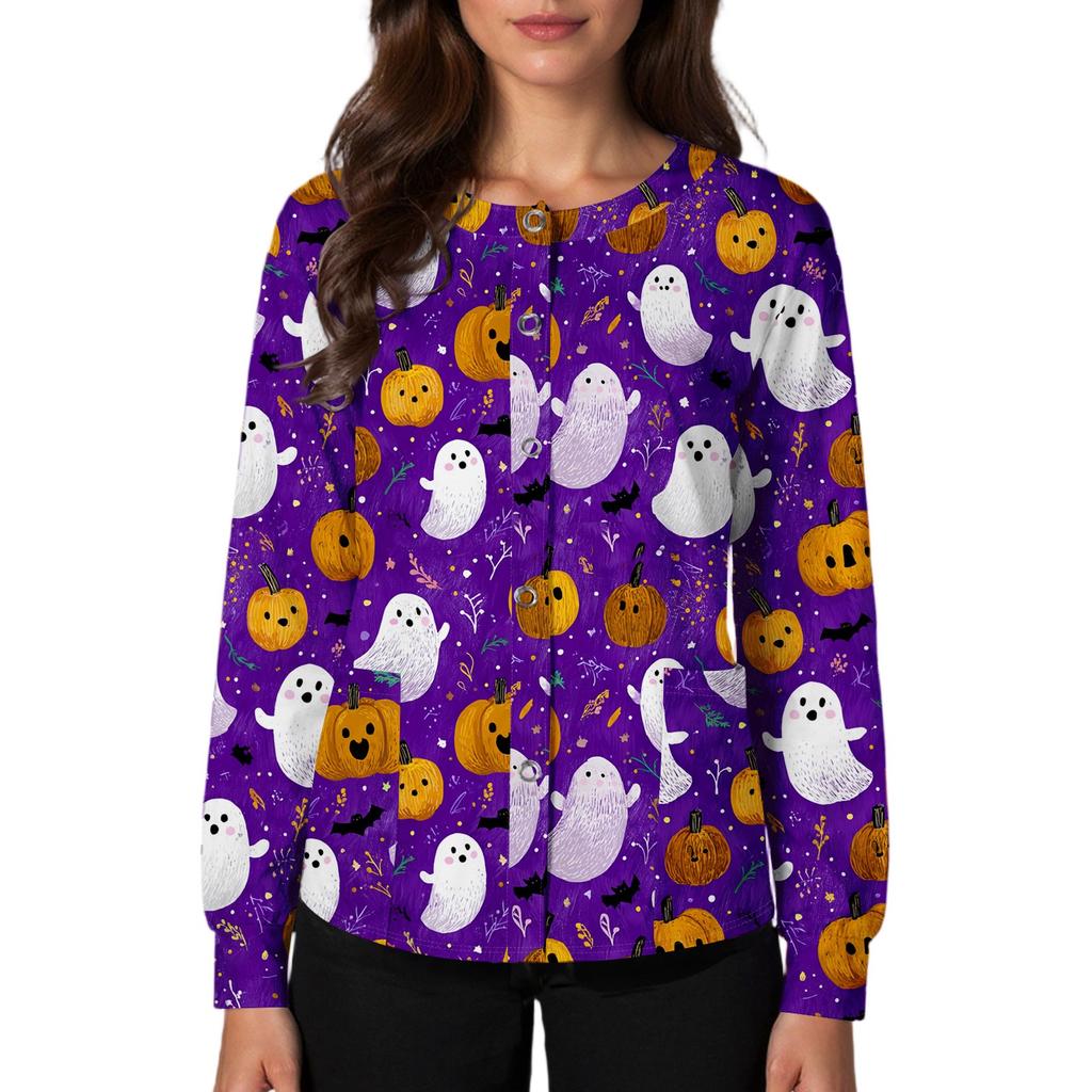 Women's Casual Fashion Single Breasted  Halloween Graphic Printed Nurses Tops