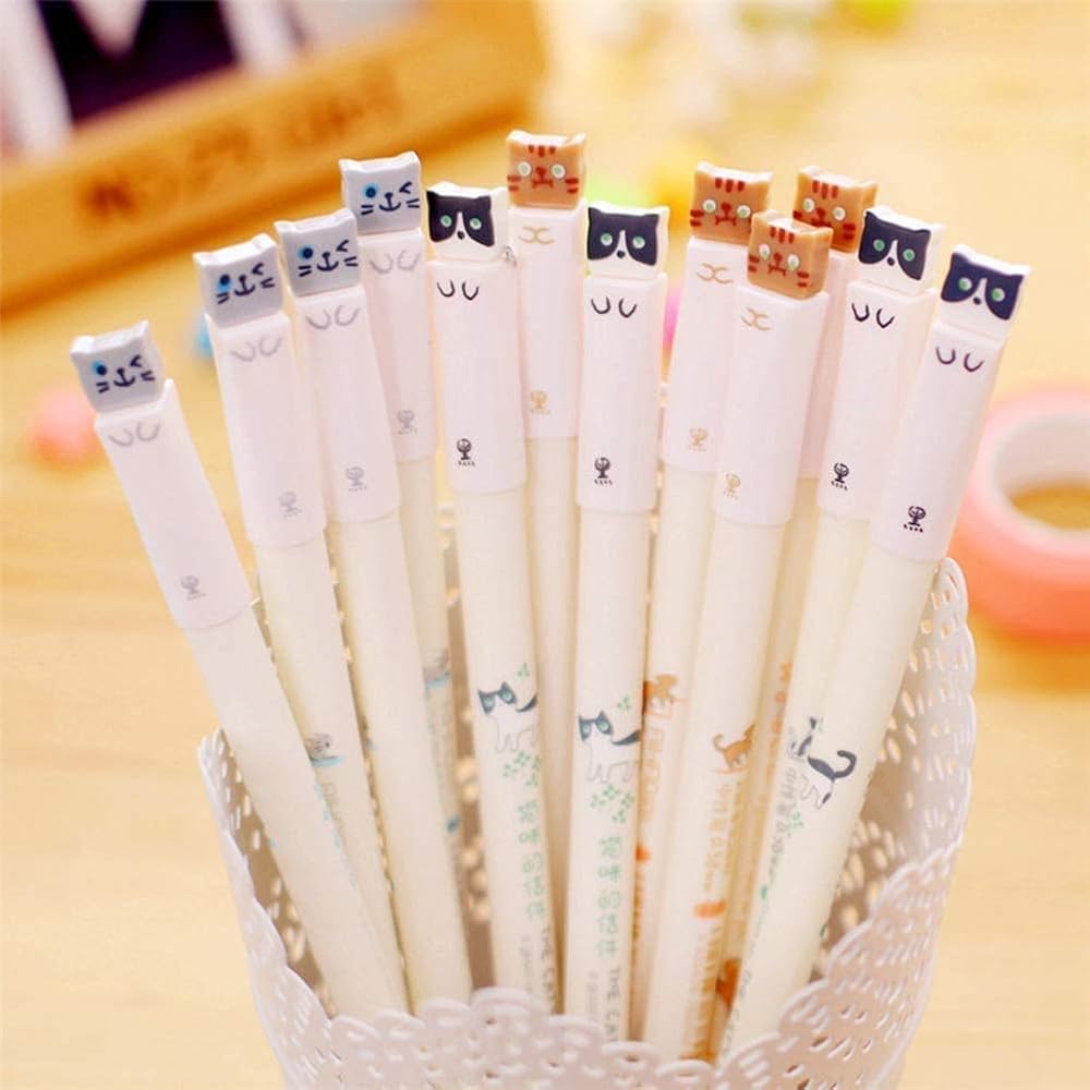 Sencoo 12-Pack Black Gel Ink Pens Cute Cat Design 0.38mm Ideal for Students Birthday Gift for Boys and Girls